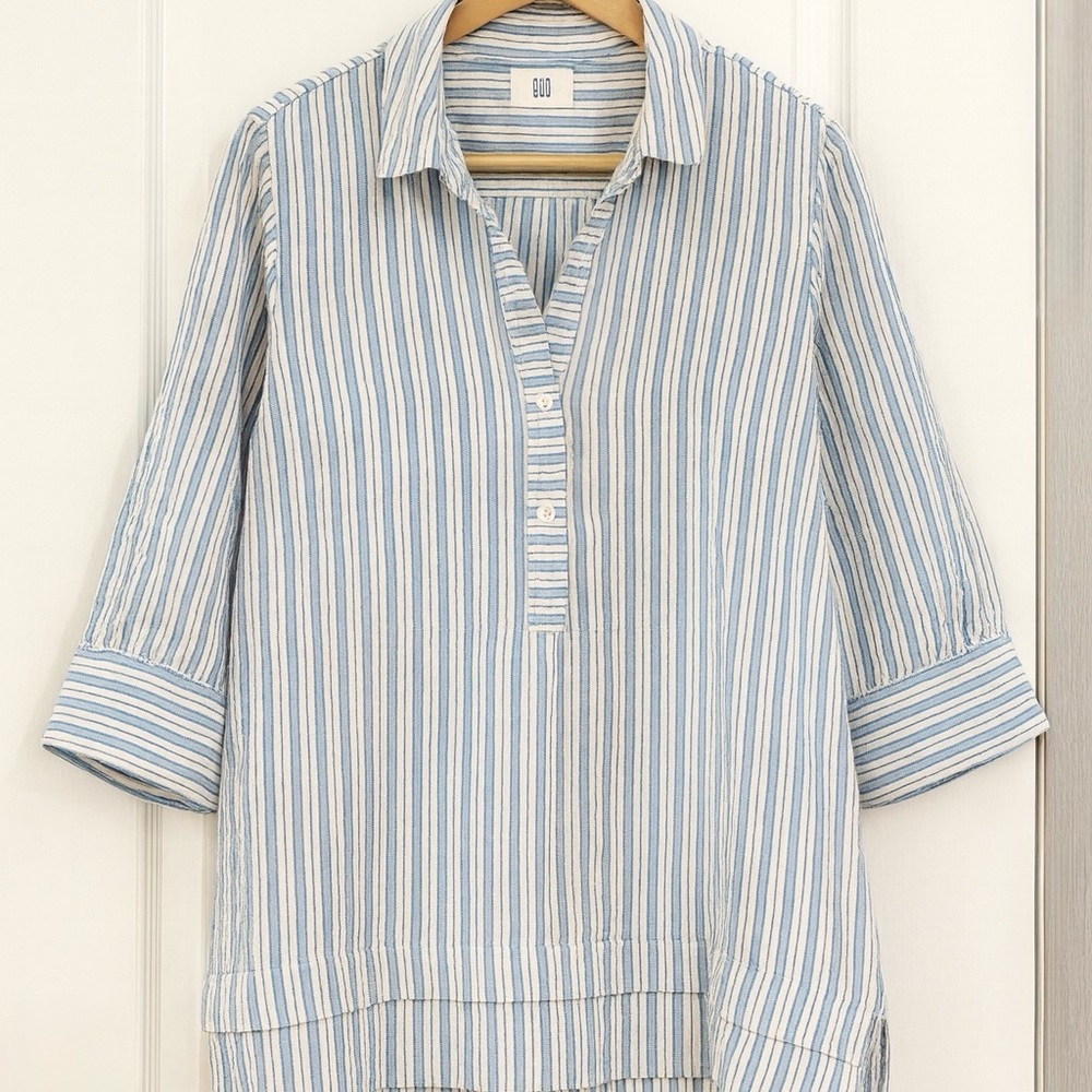 J. Jill Blue and White Striped Button Down Shirt